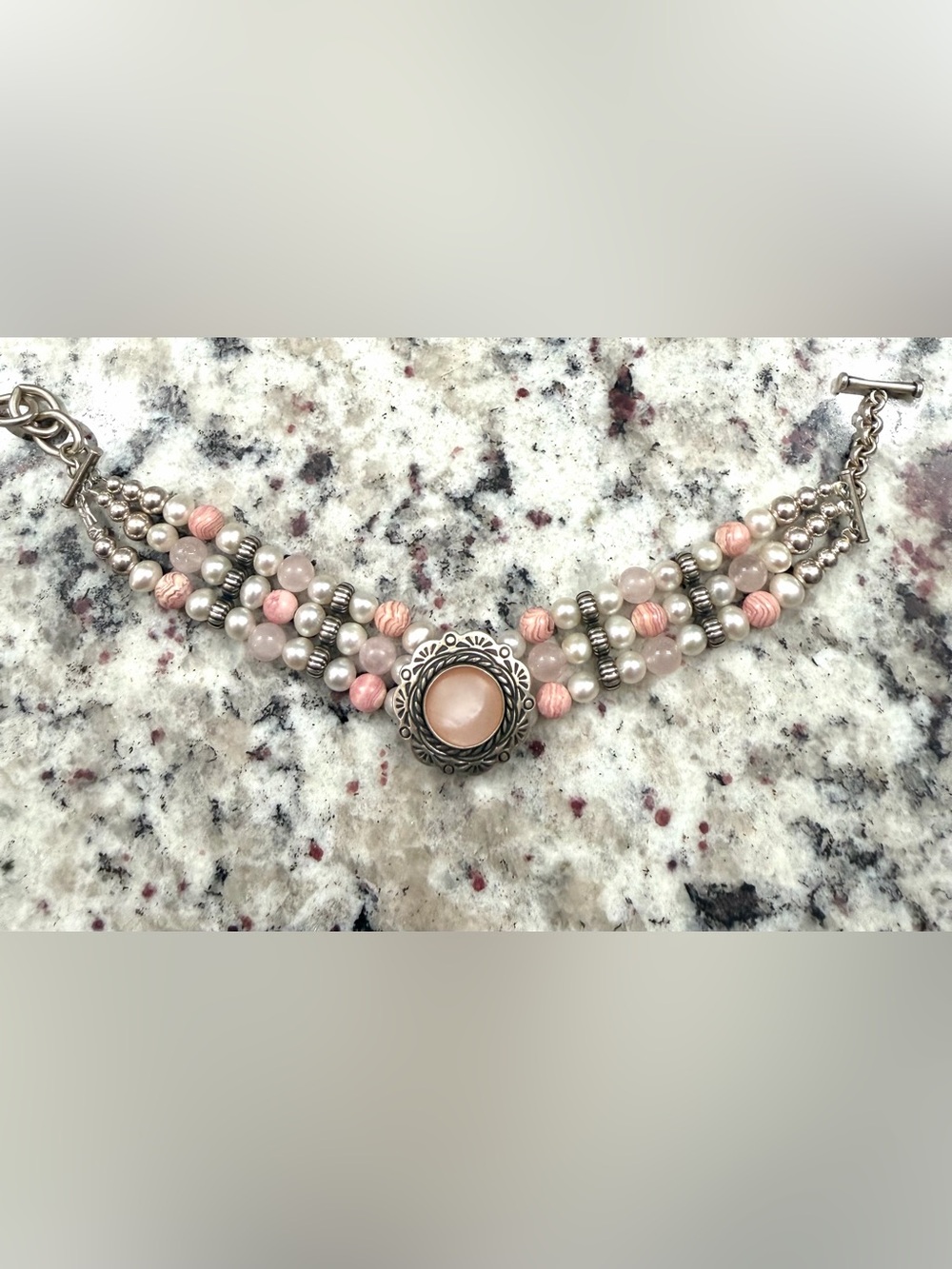 Carolyn Pollack Sterling Silver Rhodochrosite, MOP, Beaded Toggle Bracelet